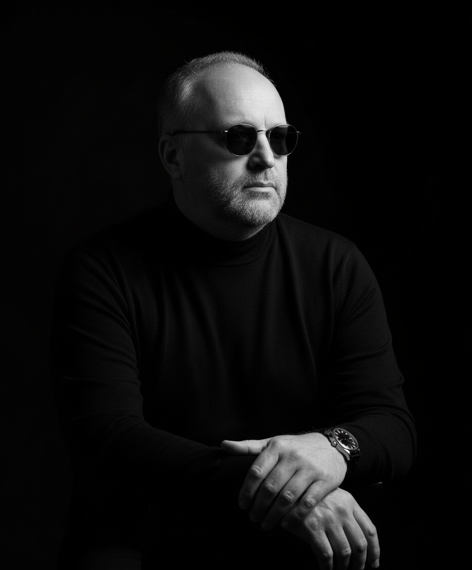Black-and-white portrait of Heiko Katins in a black turtleneck and sunglasses.