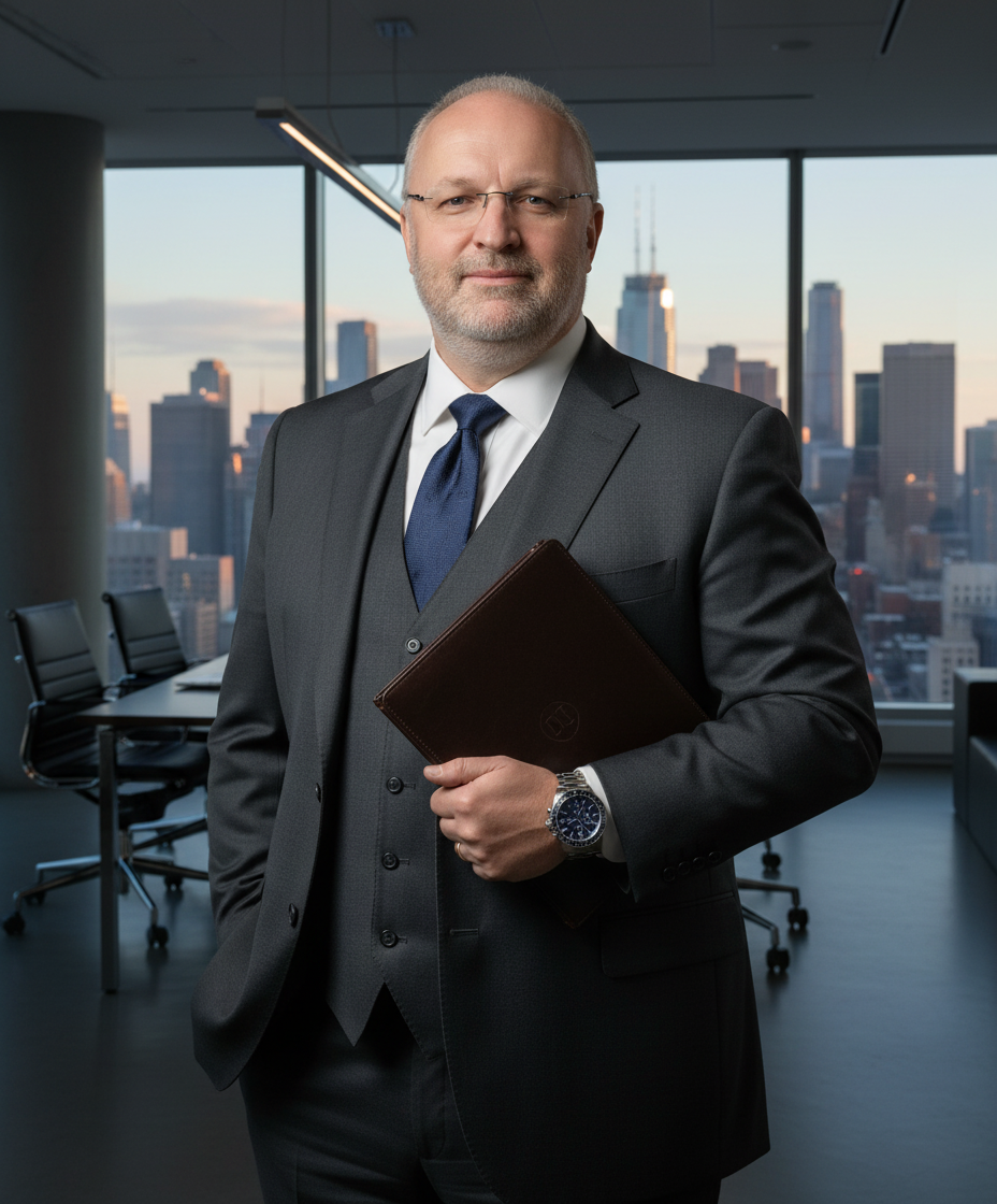 Portrait of Heiko Katins in a suit with a blue tie standing in front of a window.